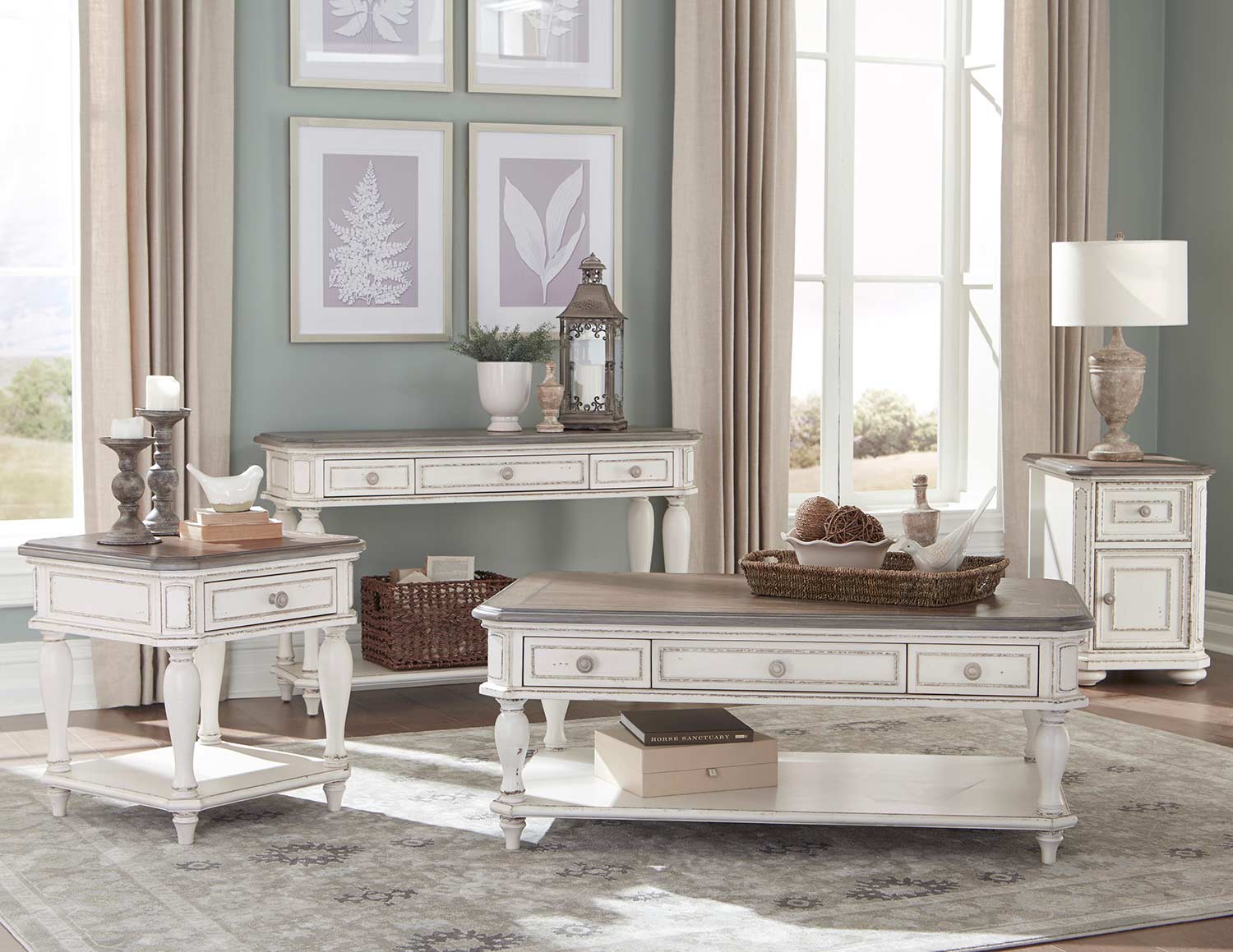 Homelegance Willowick Collection - Antique White Rub-Through/Brown Cherry Tops