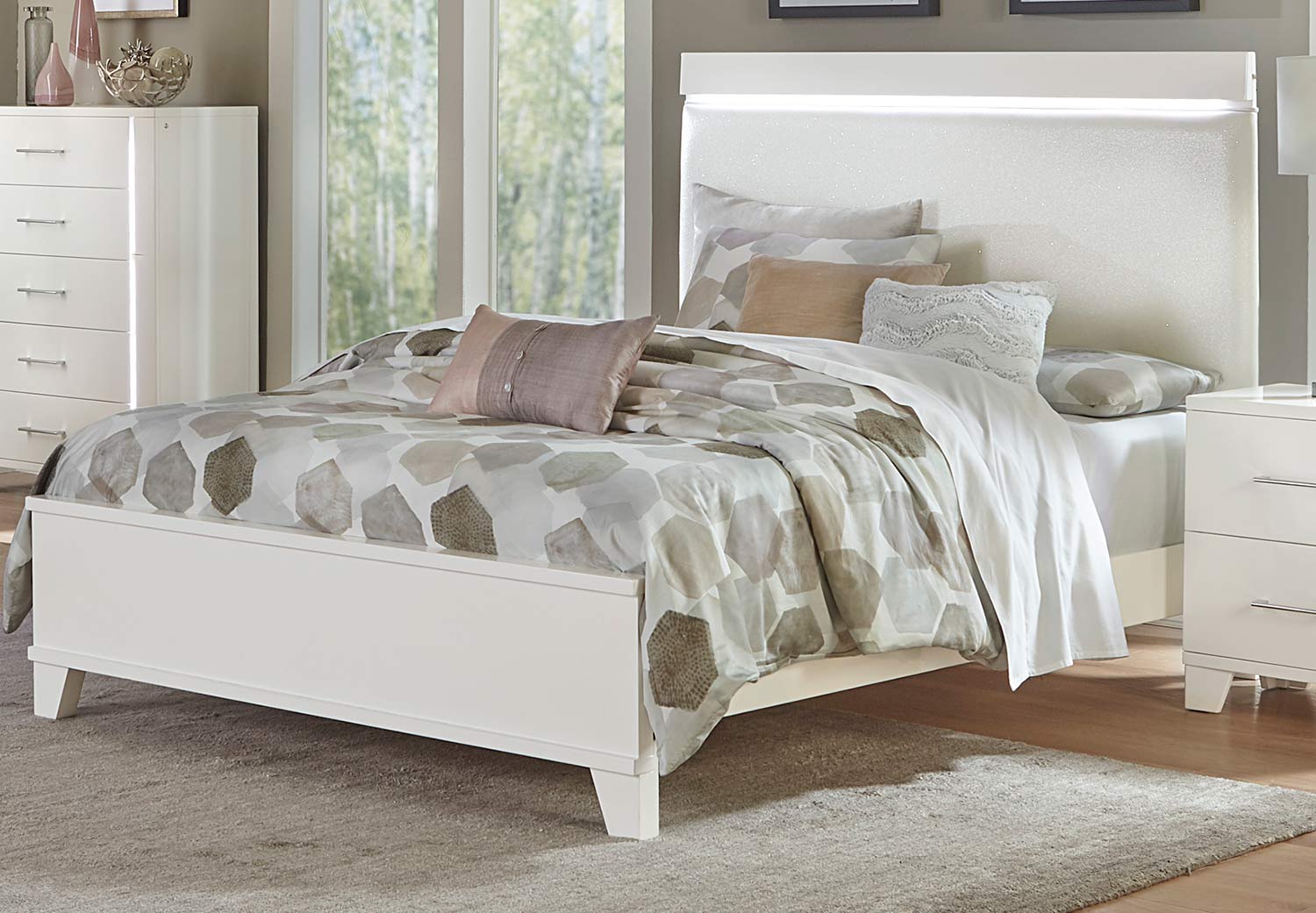 Homelegance Kerren or Keren Upholstered Bed with LED Lighting - White High Gloss
