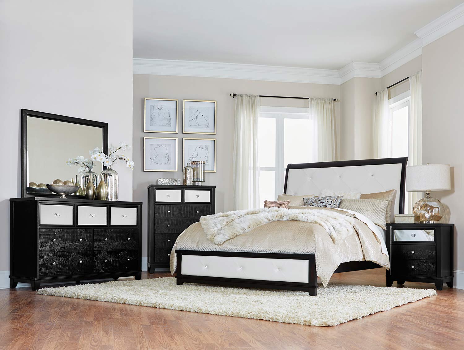 Homelegance Odelia Sleigh Bedroom Set - Black - Pearl White Bi-Cast Vinyl Homelegance Odelia Sleigh Bedroom Set - Black - Pearl White Bi-Cast Vinyl