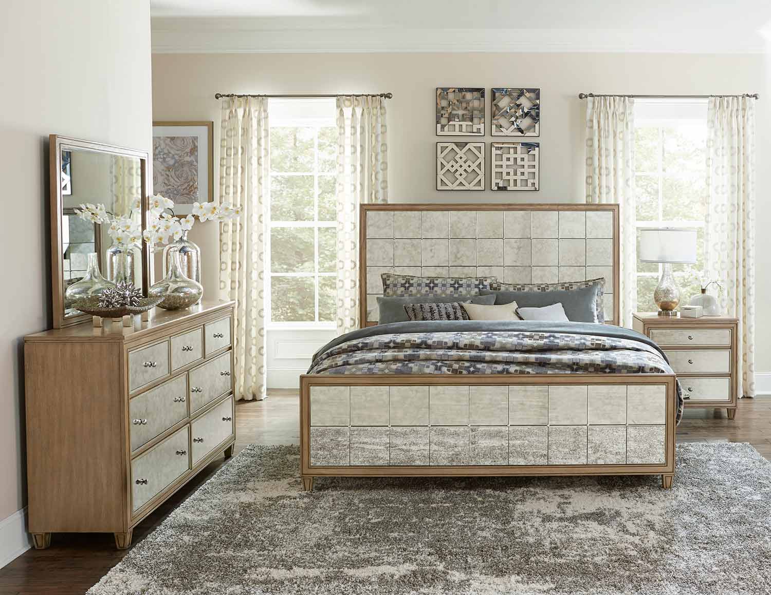 Homelegance Kalette Panel Bedroom Set - Light Oak - Antiqued mirrored Homelegance Kalette Panel Bedroom Set - Light Oak - Antiqued mirrored