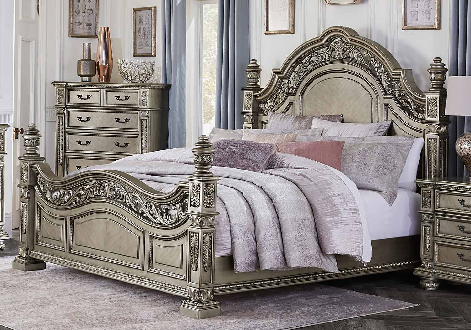 Homelegance Catalonia Bed - Traditional Platinum Gold Finish with Cherry Veneer