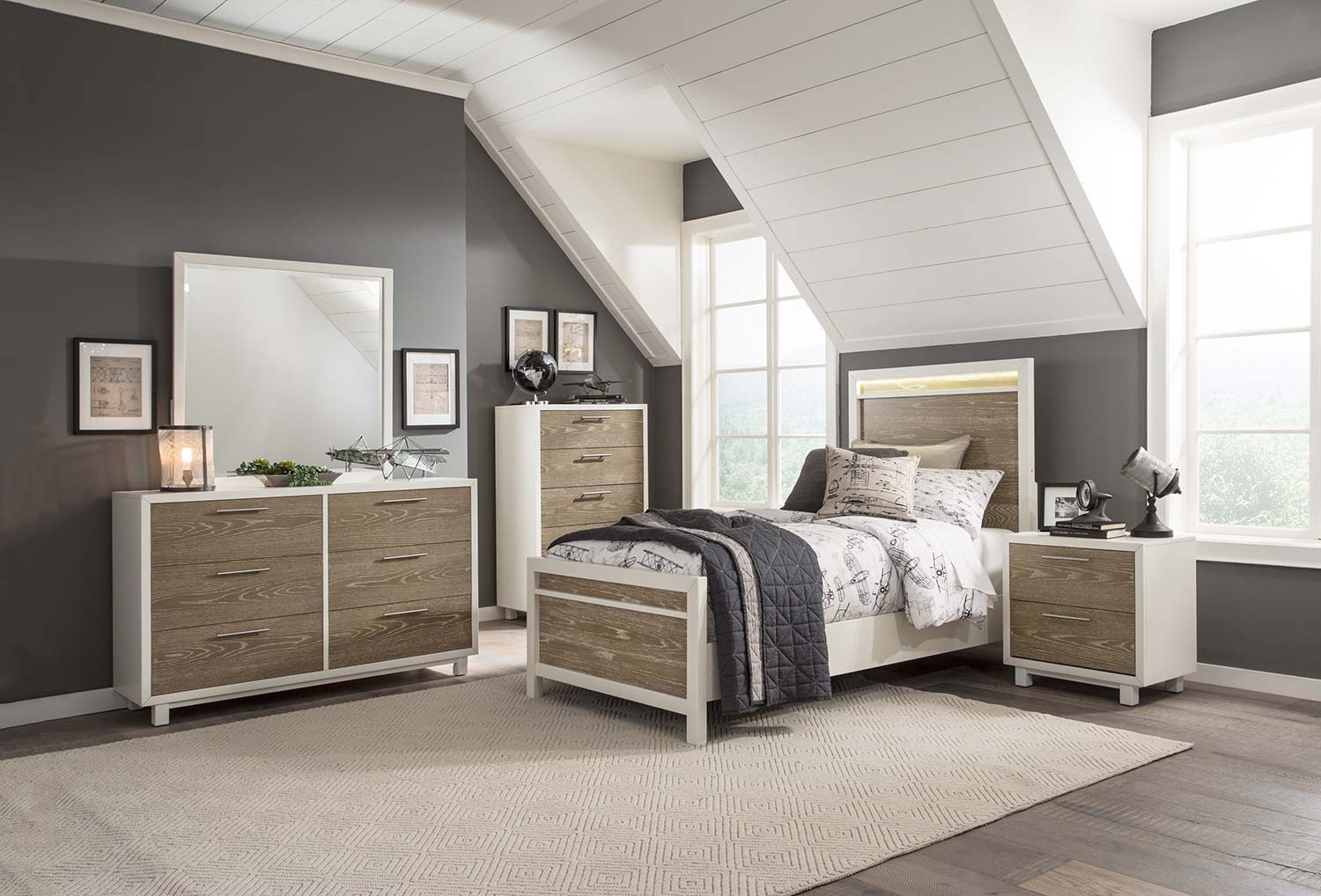 Homelegance Renly LED Bedroom Set - Natural Finish of Oak Veneer with White Framing Homelegance Renly LED Bedroom Set - Natural Finish of Oak Veneer with White Framing