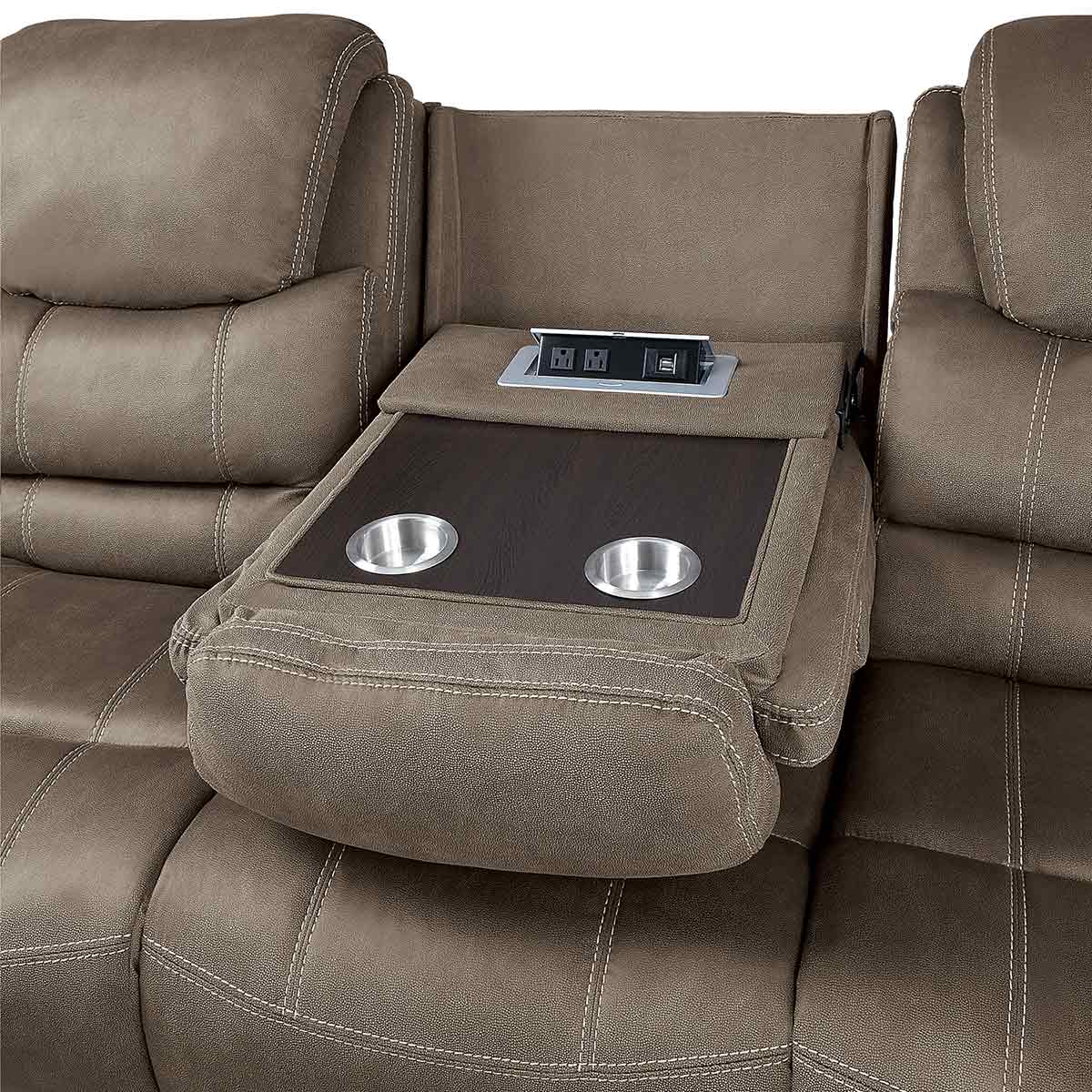 Homelegance Shola Power Double Reclining Sofa with Power Headrests, Drop-Down Cup holders and Receptacles - Brown