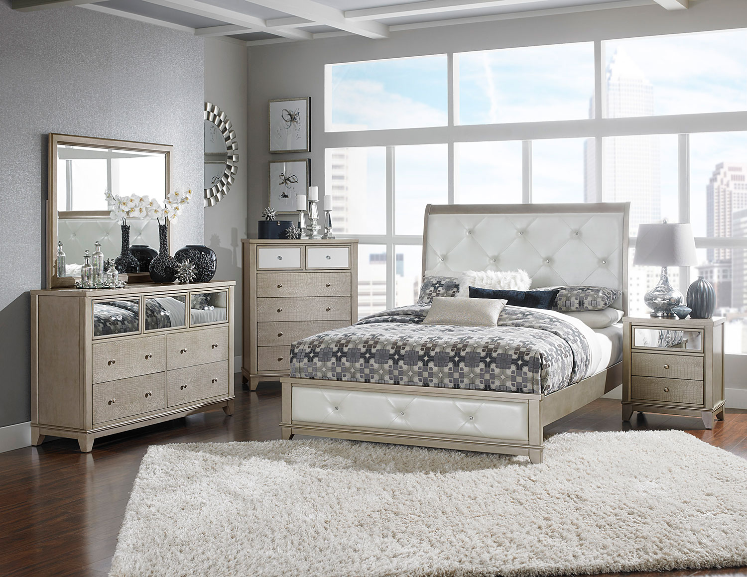 Homelegance Odelia Button Tufted Upholstered Sleigh Bedroom Set - Silver Homelegance Odelia Button Tufted Upholstered Sleigh Bedroom Set - Silver