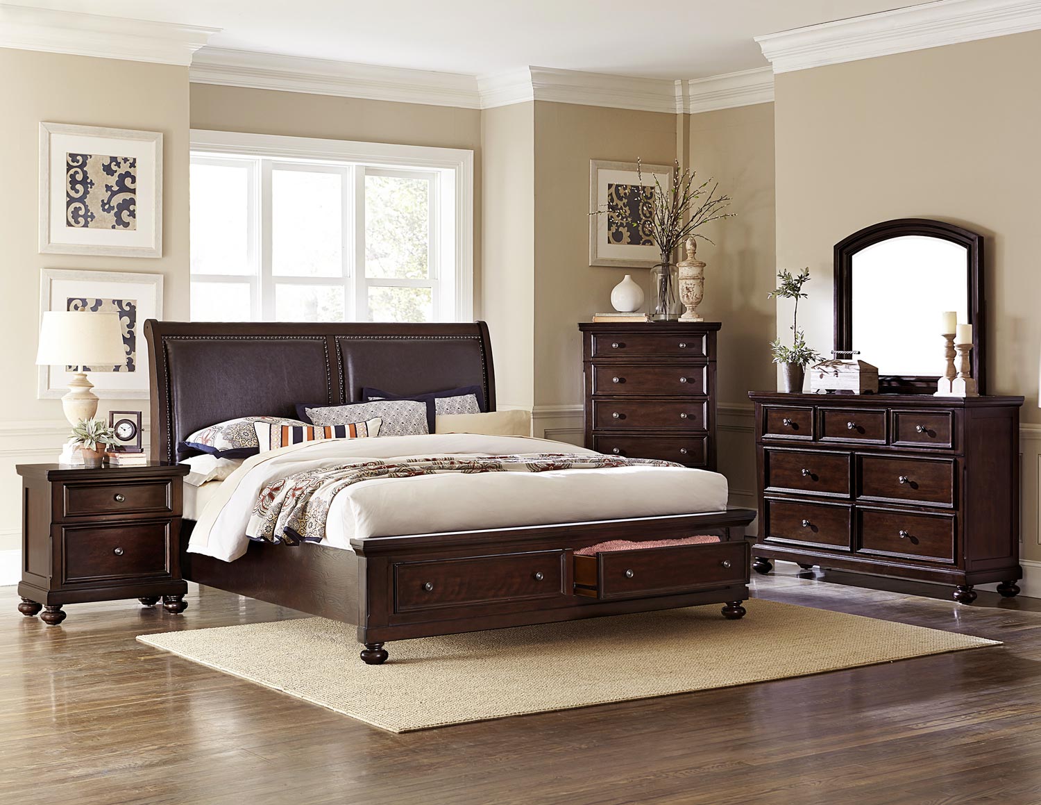 Homelegance Faust Upholstered Sleigh Platform Storage Bedroom Set - Dark Cherry Homelegance Faust Upholstered Sleigh Platform Storage Bedroom Set - Dark Cherry