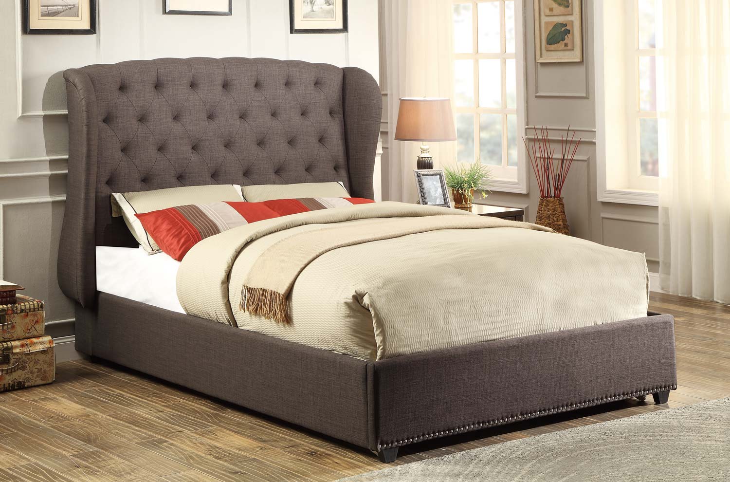 Homelegance Chardon Upholstered Wing Bed - Dark Grey
