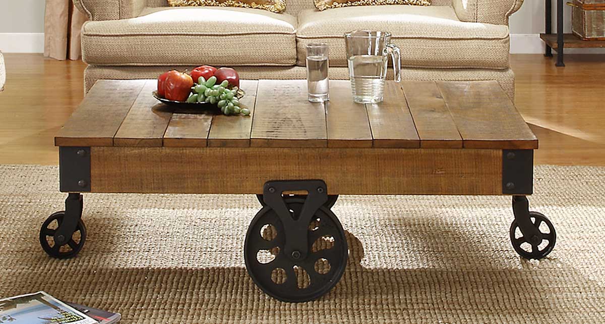 Homelegance Factory Cocktail Table - Solid Top with Wheels - Rustic Brown