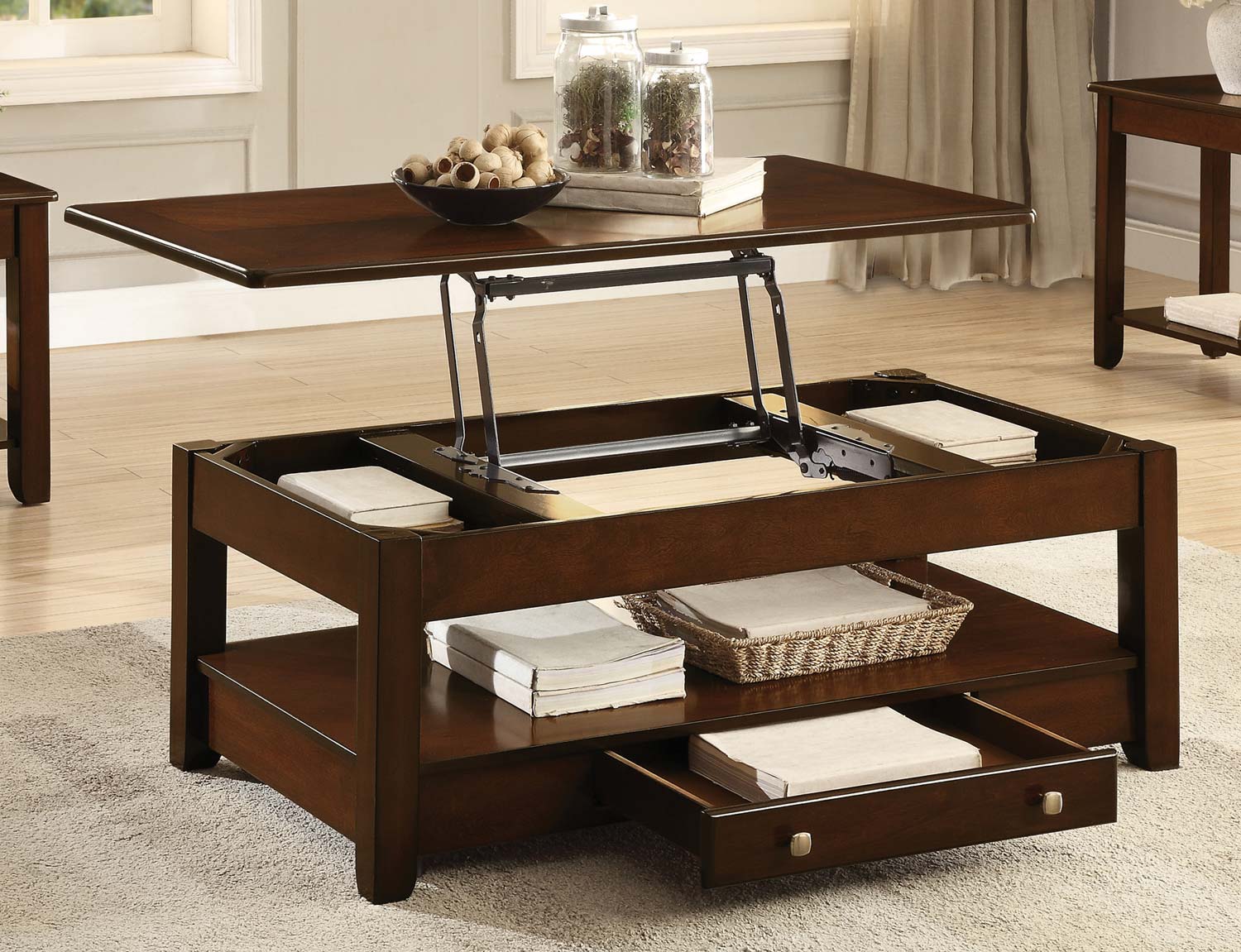 Homelegance Ballwin Cocktail Table with Lift Top and Functional Drawer on Casters - Deep Cherry