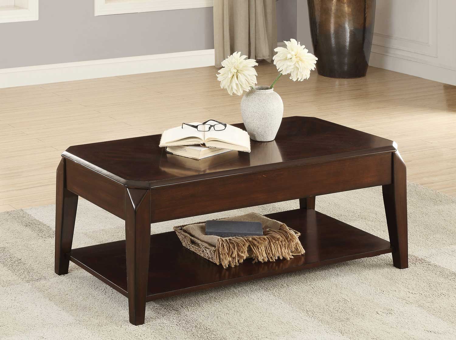 Homelegance Sikeston Cocktail Table with Lift Top on Casters - Warm Cherry