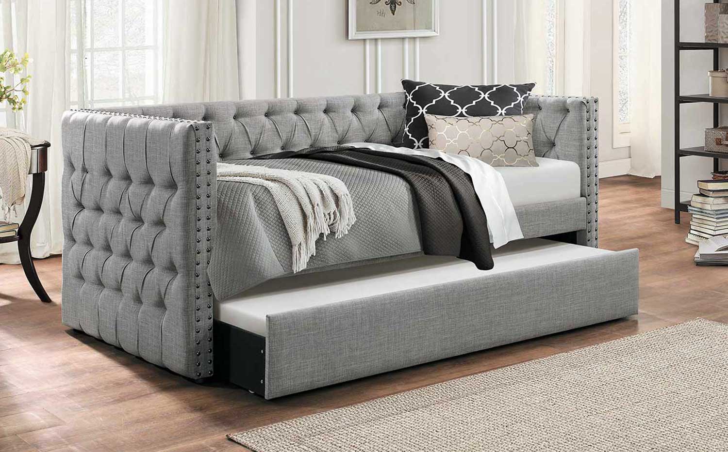 Homelegance Adalie Button Tufted Upholstered Daybed with Trundle - Gray