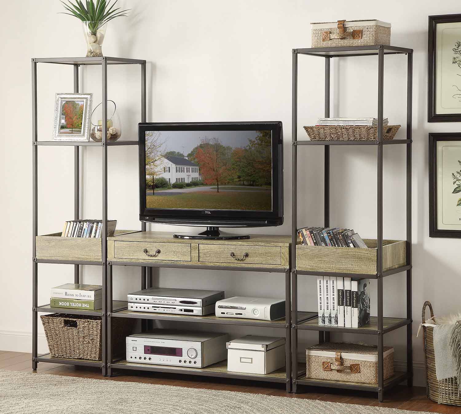 Homelegance Rumi Entertaiment Center Set - Light Burnished Wood with Metal Frame Homelegance Rumi Entertaiment Center Set - Light Burnished Wood with Metal Frame