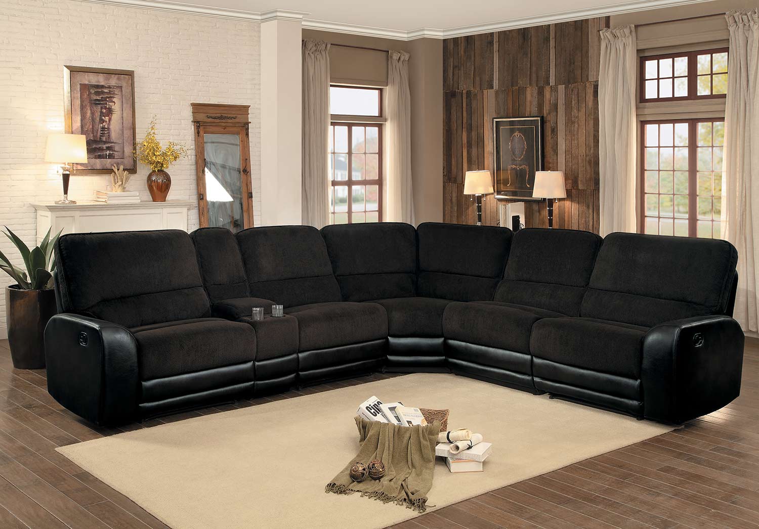 Homelegance Ynez Reclining Sectional Set - Chocolate Fabric/Leather Gel Homelegance Ynez Reclining Sectional Set - Chocolate Fabric/Leather Gel