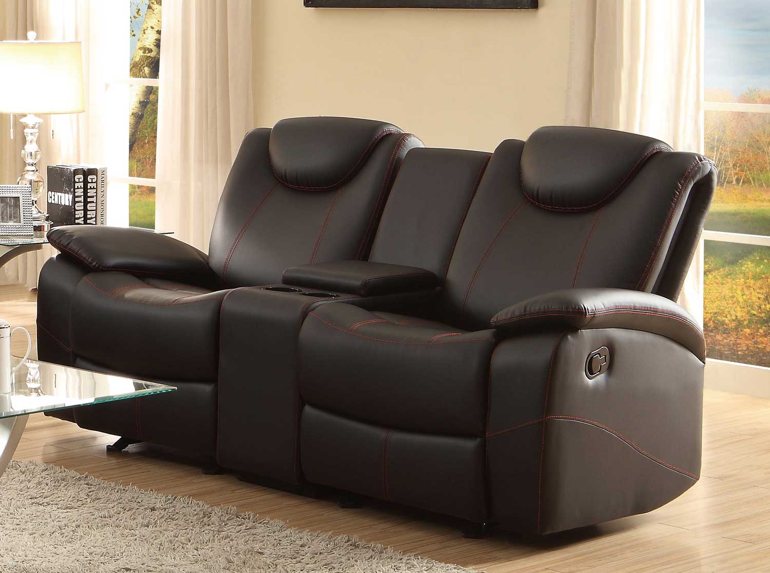 Homelegance Talbot Double Glider Reclining Love Seat with Center Console - Black Bonded Leather Homelegance Talbot Double Glider Reclining Love Seat with Center Console - Black Bonded Leather