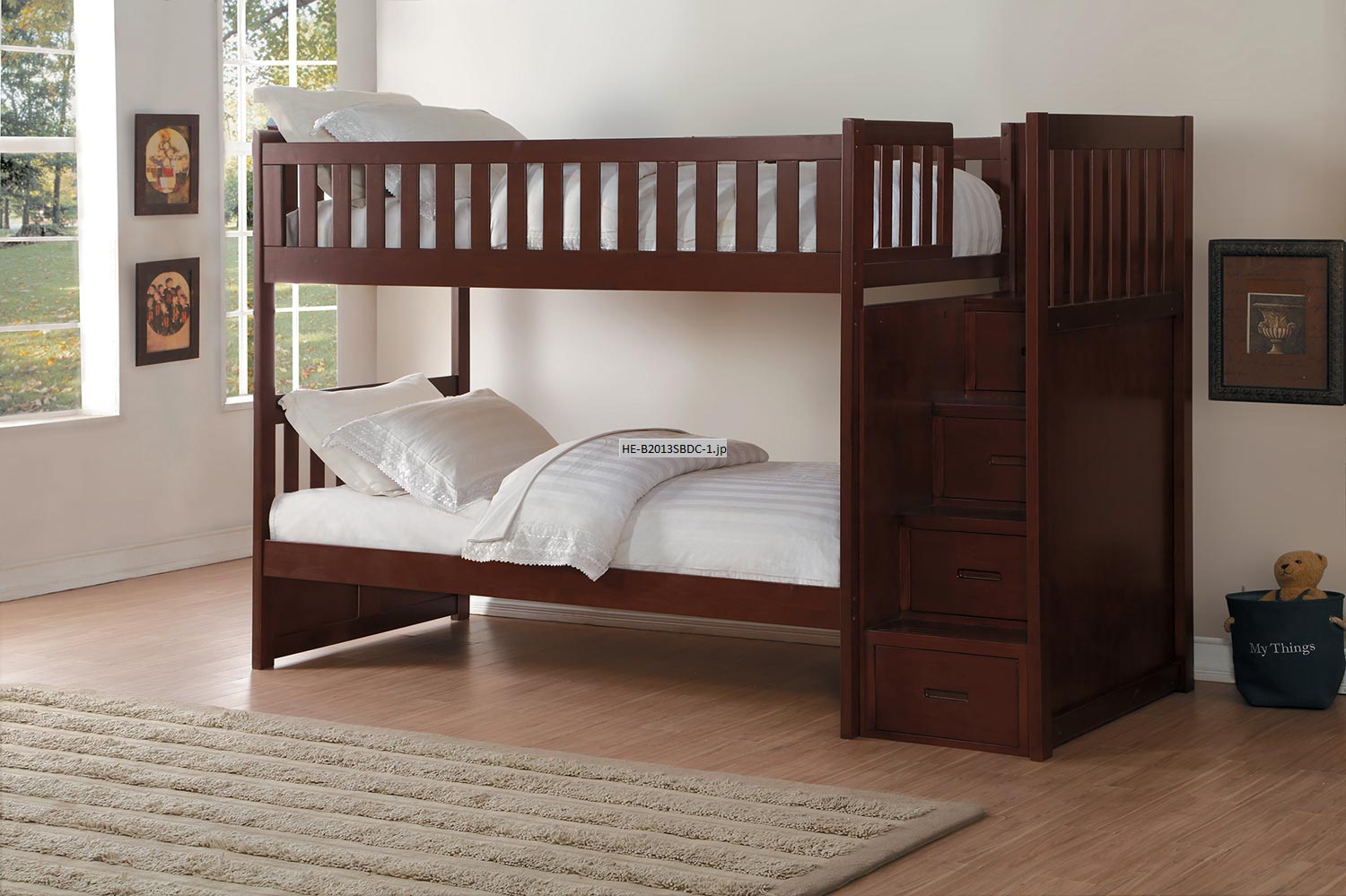 Homelegance Rowe Twin over Twin Bunk Bed with Step Storage - Dark Cherry