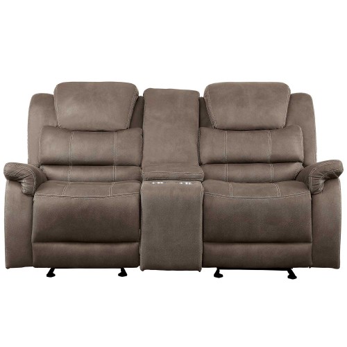 Shola Power Double Reclining Love Seat with Center Console and Power Headrests - Brown