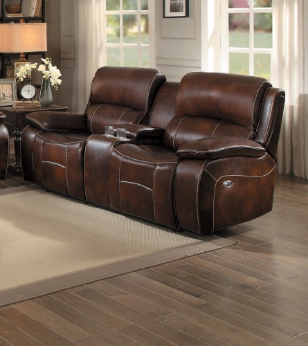 Mahala Power Double Reclining Love Seat with Center Console - Brown Top Grain Leather Match