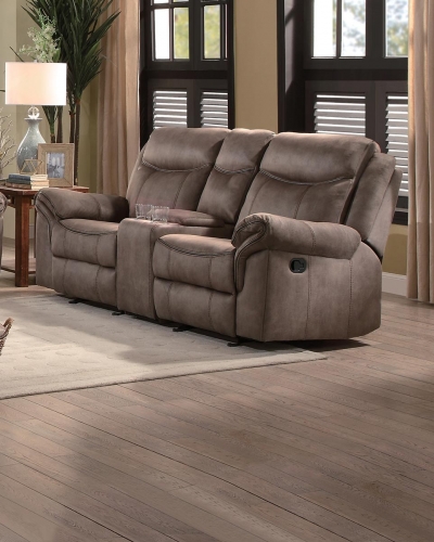 Aram Double Glider Reclining Love Seat with Center Console and Receptacles - Brown Fabric