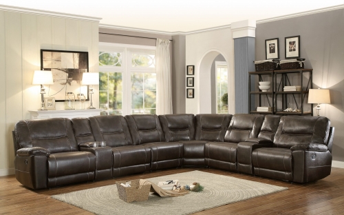 Columbus Reclining Sectional Sofa Set E - Breathable Faux Leather - Dark Brown